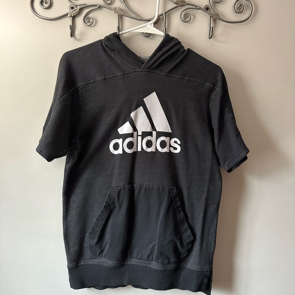 Adidas Men’s short sleeve hoodie shirt. Size S/M Black, white Adidas logo.